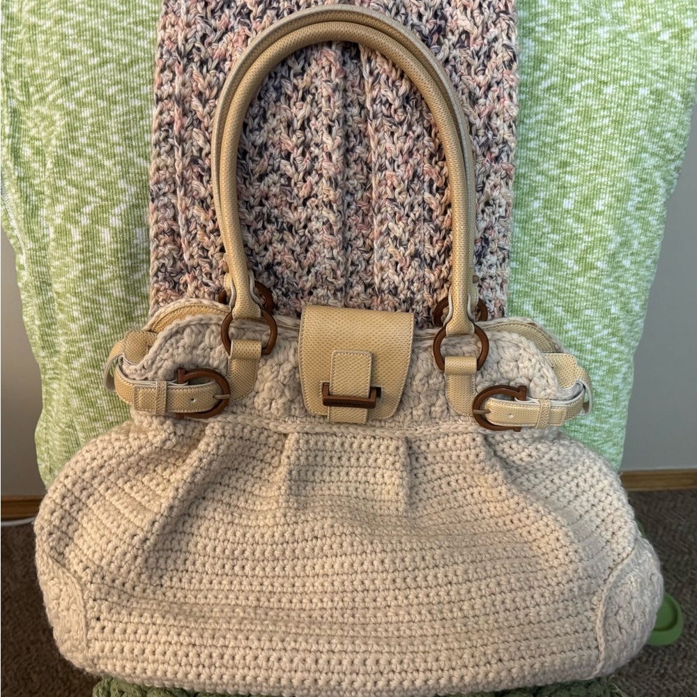 Salvatore Ferragamo Cream Shoulder Bag with Crocheted Texture and Slouchy Shape